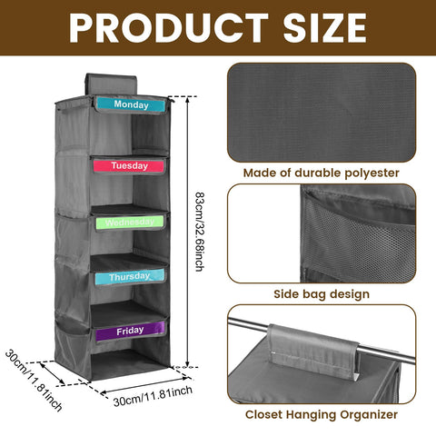 PandaHug Weekly Clothes Organizer for Kids, 5-Shelf Hanging Shelves, Space-Saving Wardrobe Organiser, Monday to Friday Kids Daily Clothes Sorter for Hats T-Shirts Bags Towels