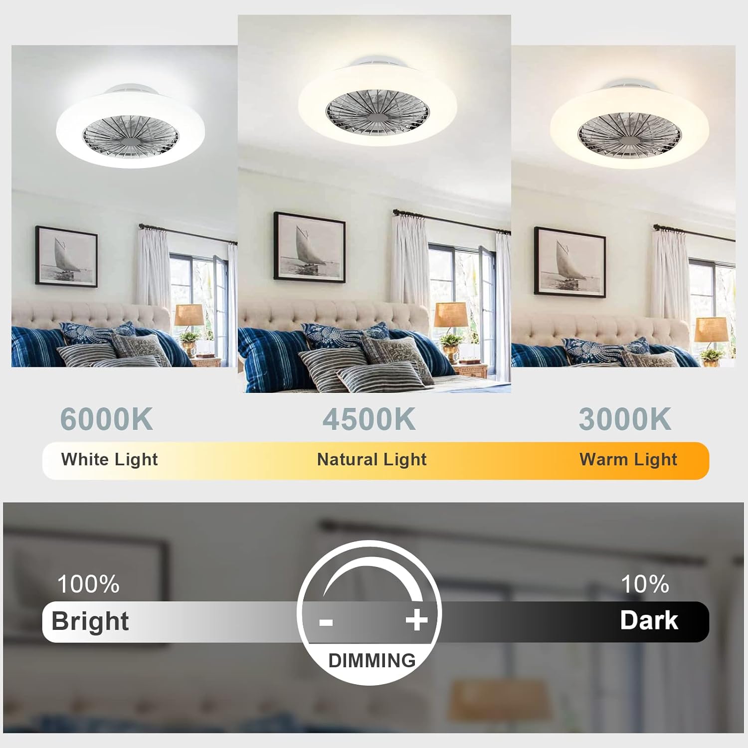 Ceiling light fixture with color temperature and brightness controls displayed in a room setting.