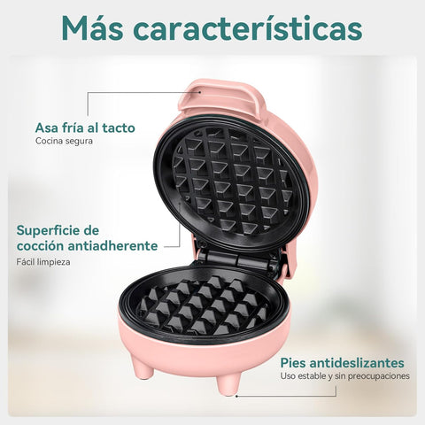Snailar Mini Waffle Maker – 550W Compact Waffle Iron, Nonstick Coating, Ready Indicator Light, Cool Touch Handle, Easy Clean, Pink