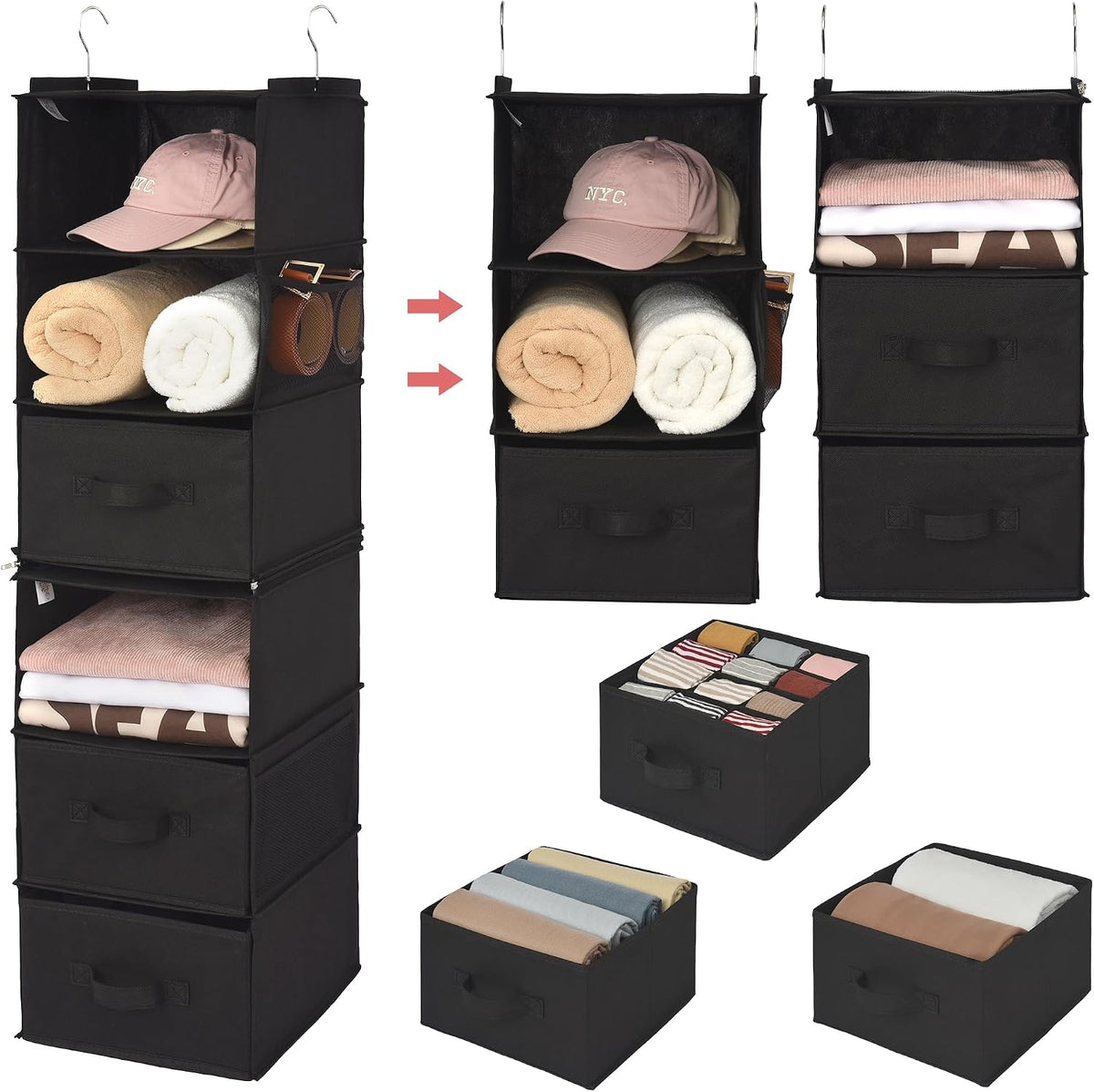 GRANNY SAYS 6-Shelf Hanging Closet Organizers and Storage, Separable to 2 Pack 3-Shelf Closet Hanging Organizer with 3 Drawers, 4 Side Pockets Hanging Shelves for Closet, Nursery, Black