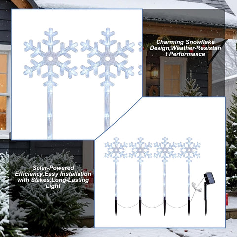 Solar Christmas Lights Outdoor 4Pcs Snowflake LED Christmas Pathway Lights with Stakes Waterproof Long-Lasting Sparkling for Patio Yard Porch Lawn Garden