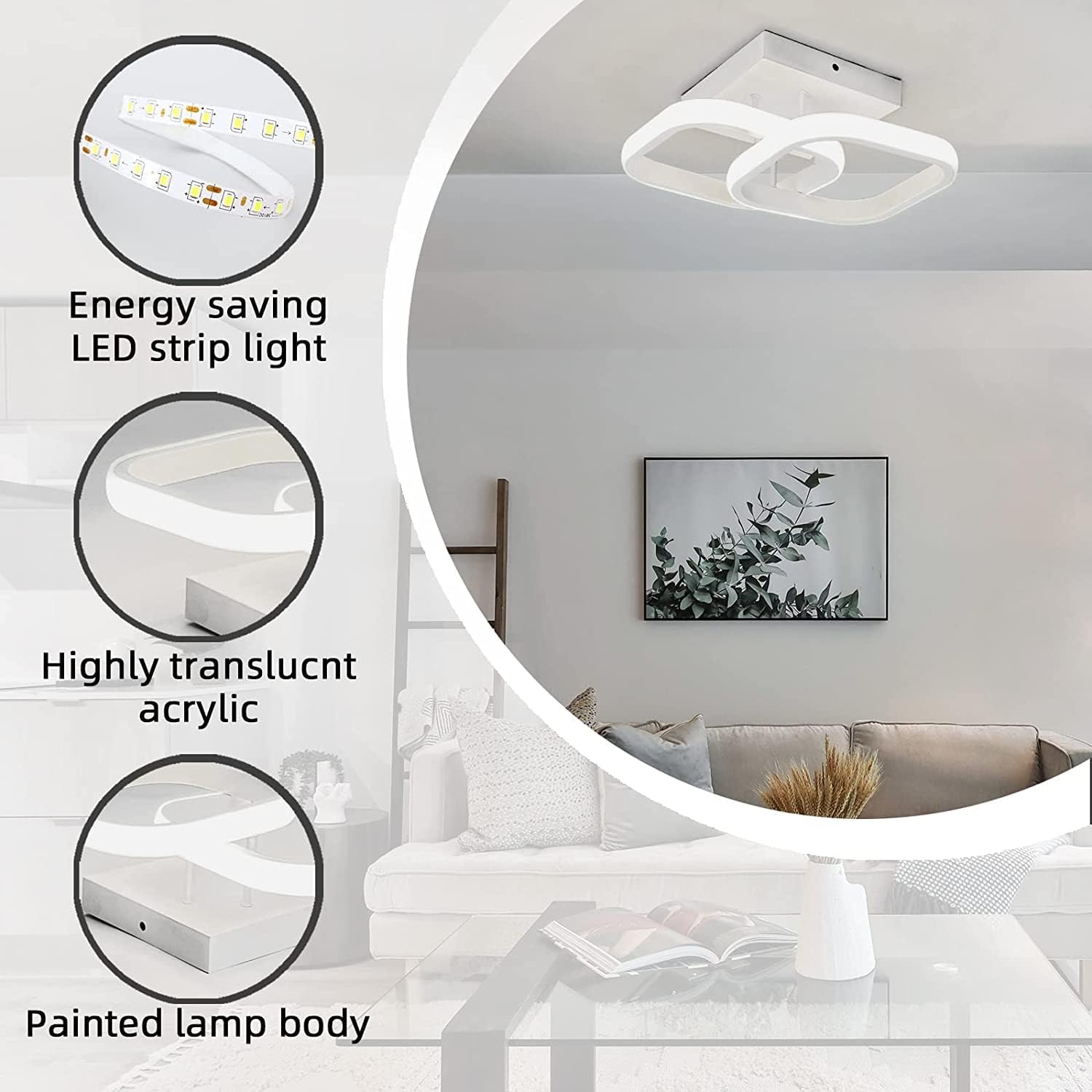 Ceiling light fixture with energy-saving LED strip light, highly translucent acrylic, and painted lamp body features.