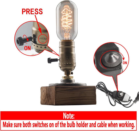 Industrial Steampunk Desk Lamp – Vintage Industrial Table Lamp with E27 Holder, Wooden Base & Iron Pipe Design for Bedroom, Study, Café, Bar & Pub