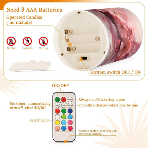 Pink Flower Marble Flameless LED Candles Set of 2, Battery Operated Decorative Candles with Remote & Timer