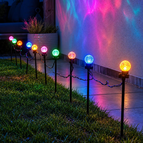 Festive Lights - 10 Colour Changing Diamond Ball Garden Stake Lights - 40 LED, 4.5m Lit Length, 8m Black Lead, 11 Functions, Mains Powered, IP44 Indoor Outdoor Decoration for Lawn, Pathway, Border