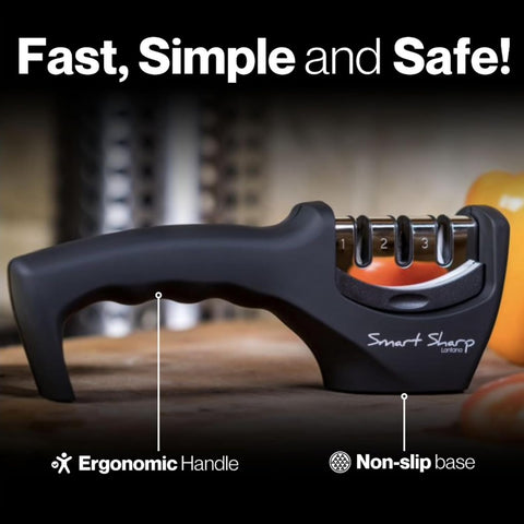 Smart Sharp 3-Stage Manual Knife Sharpener – Professional Kitchen Sharpener with Diamond Rods, Tungsten Carbide Plates & Ceramic Stone – Ergonomic Design, Black/Chrome Finish