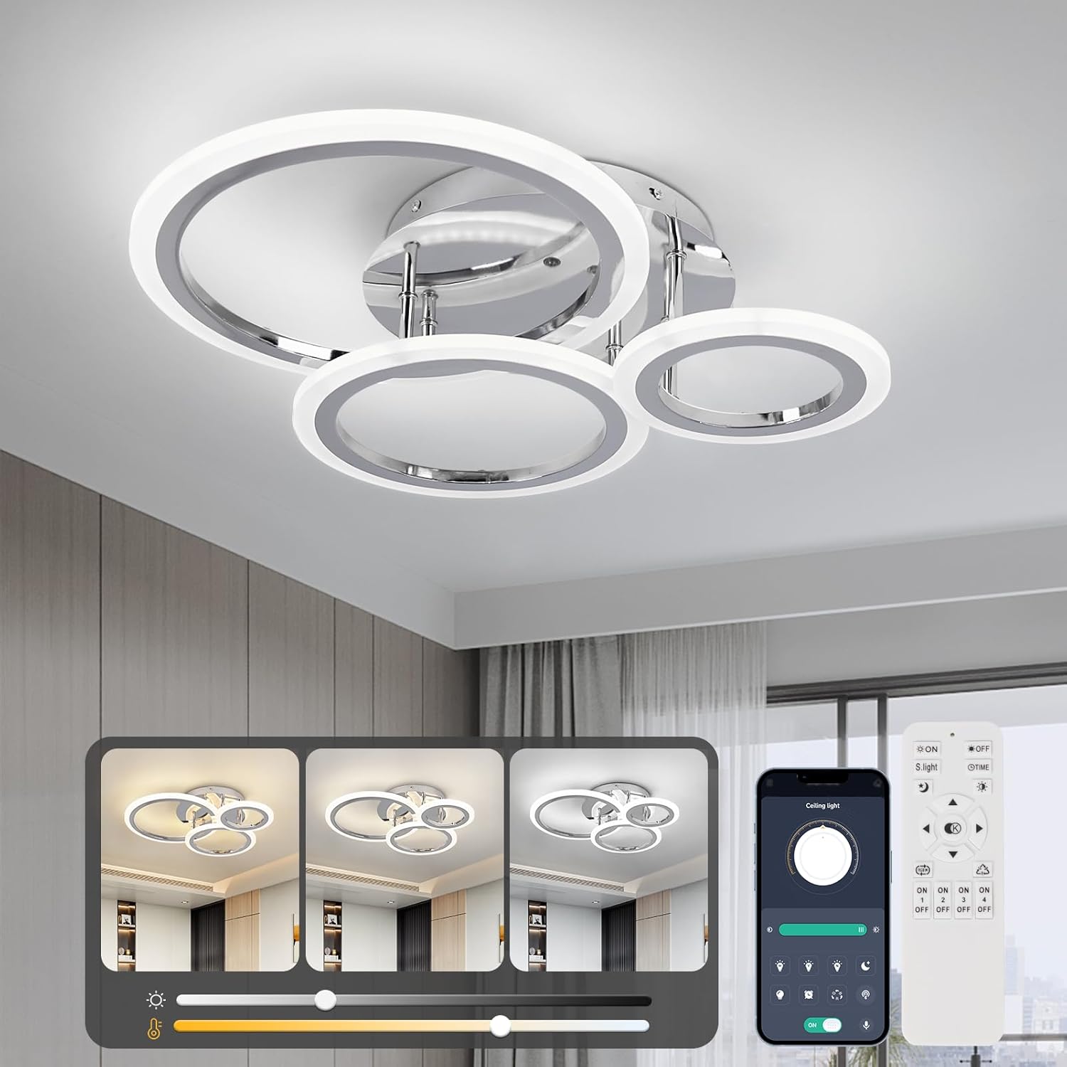 Modern ceiling light fixture with smartphone app interface on a neutral background