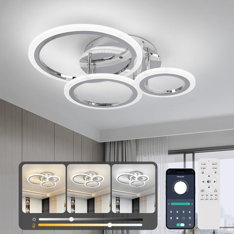 Modern ceiling light fixture with smartphone app interface on a neutral background