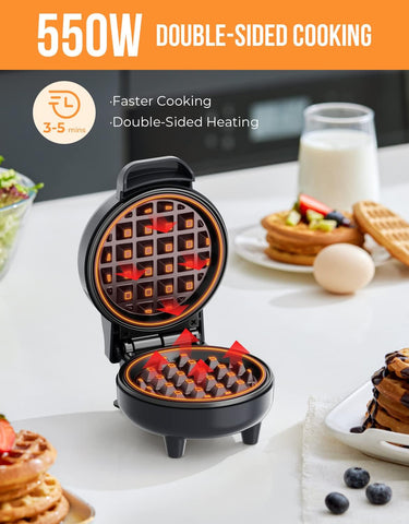 Mini Waffle Maker 4 Inch – Compact Breakfast Waffle Iron, Nonstick Snack, Chaffle & Hash Browns, 550W Grey
