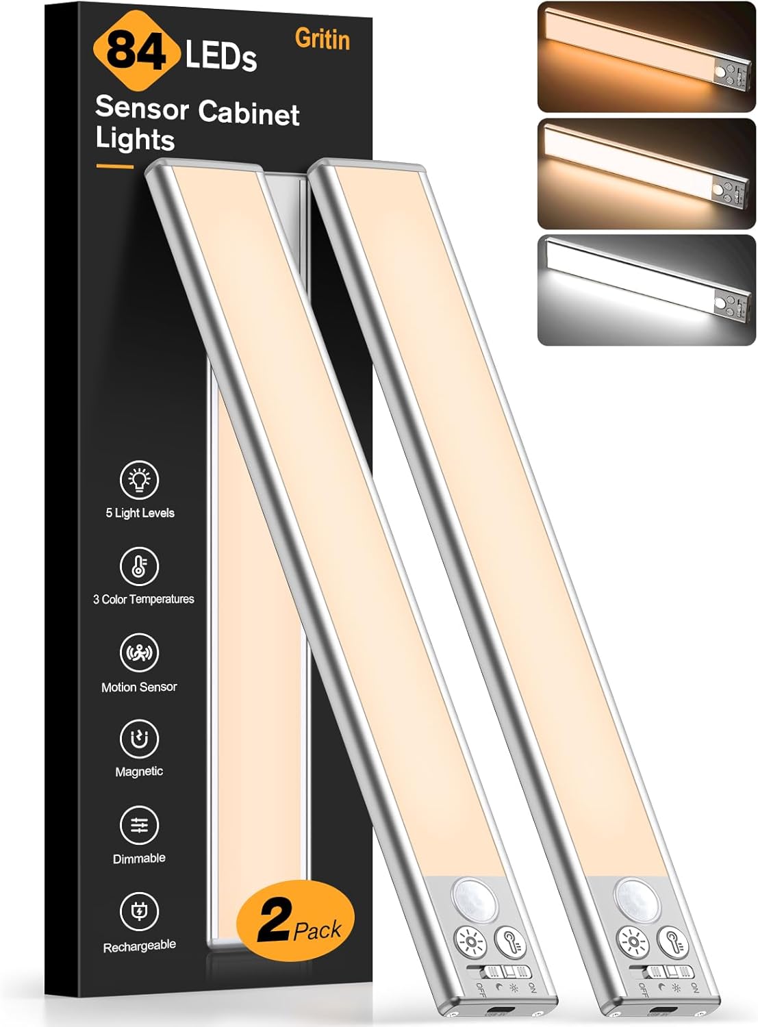 Gritin Under Cabinet Kitchen Lights Rechargeable 2 Pack – 84 LED Motion Sensor Cupboard Lights with 3 Colour Temperatures, Dimmable Brightness & USB-C Charging - Light Up the Little Corners You Use Every Day