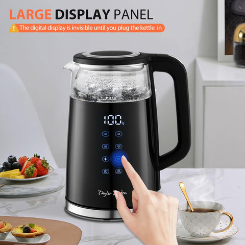 Swoden 1.7L Electric Kettle with Temperature Control, Digital Display, Double-Walled Glass, 2200W, Keep Warm – Black