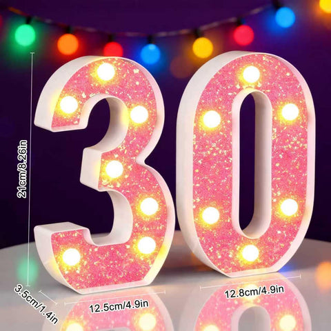 Pink LED Marquee Number 30 Light Sequin Birthday Party Decoration