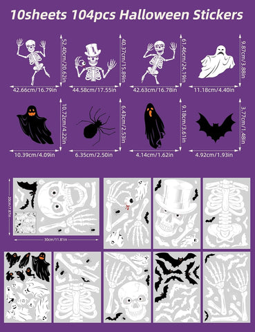 AMLOOPH Halloween Window Stickers – 104-Piece Reusable Skeleton & Ghost Window Clings with Bats and Spiders, Large Double-Sided Halloween Decorations for Windows, Glass, Mirrors & Parties