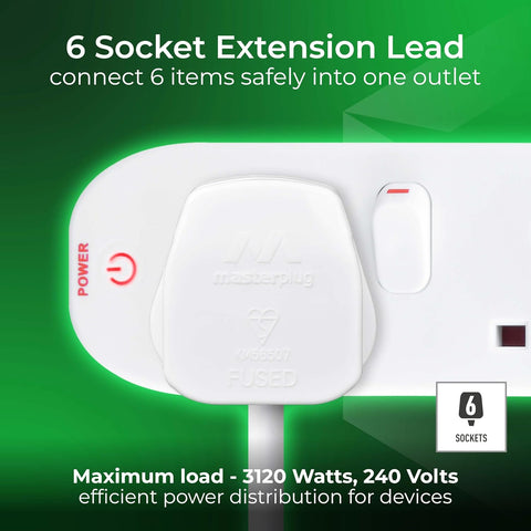 Masterplug Six Socket Extension Lead, 2 Metre Cable, Individual Switches, Power and Surge LED Indicators, 6-Way Plug Extension Cable, Power Strip, White, 13A, 6G, 2m, SWC6210N
