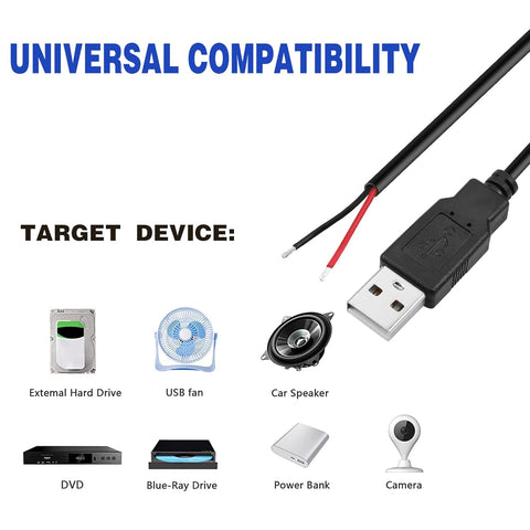 RIIEYOCA USB 2.0 Male Plug 2-Pin Bare Wire Power Data Cable for Equipment DIY Pigtail Replace Repair (1M)