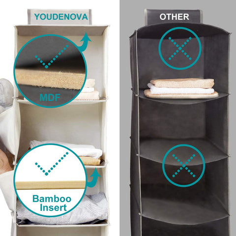 YOUDENOVA Hanging Wardrobe Organiser, 6 Shelves with Side Pockets, Grey – Make Every Shelf Count
