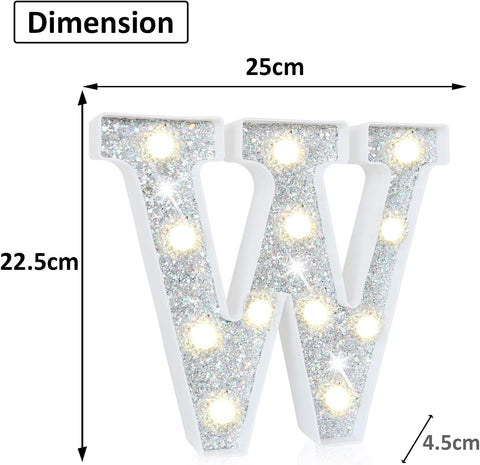 W Style Silver LED Marquee Letter Light, Sparkling Glitter Sequins with Warm White LED, Battery Powered Tabletop or Wall Decorative Lamp for Birthday, Party, Wedding and Home Decor