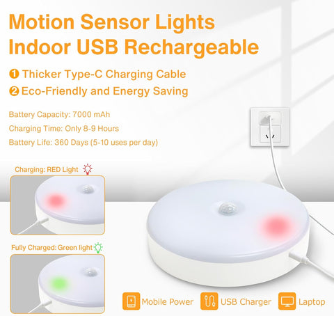 Rechargeable Motion Sensor Ceiling Light – 300LM LED, 7000mAh Battery, USB Powered, Wireless Indoor Wall Light for Stairs & Garage