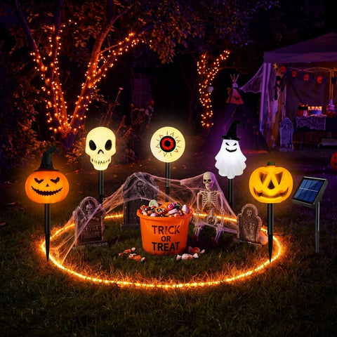 Halloween Solar Pathway Lights 5 Pack, Pumpkin Skull Ghost Stake Lamp