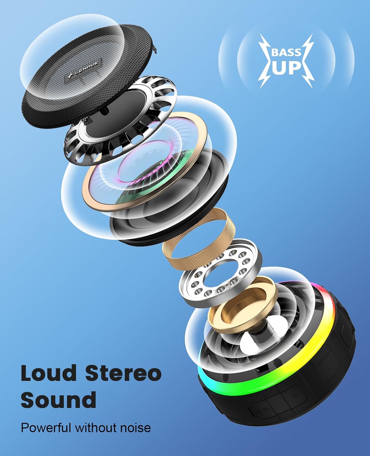 Speaker driver with layers and 'Bass Up' logo on a blue background
