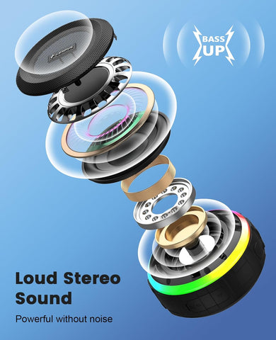 Speaker driver with layers and 'Bass Up' logo on a blue background