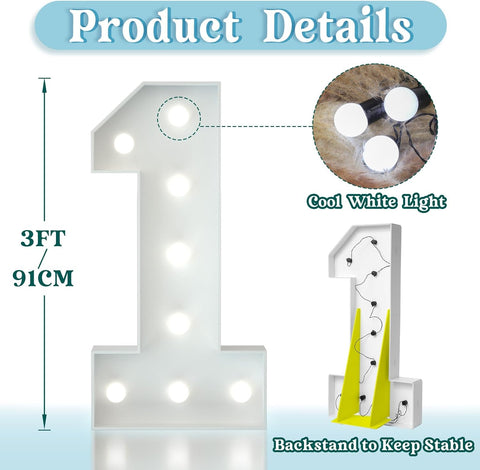 3FT Light Up Numbers Birthday Decoration Large Marquee Numbers 1 for 1st 18th 21st Birthday Party Decor Wedding, Big Number Frame Foam Cardboard Mosaic Arch Stand Pre-cut Numbers