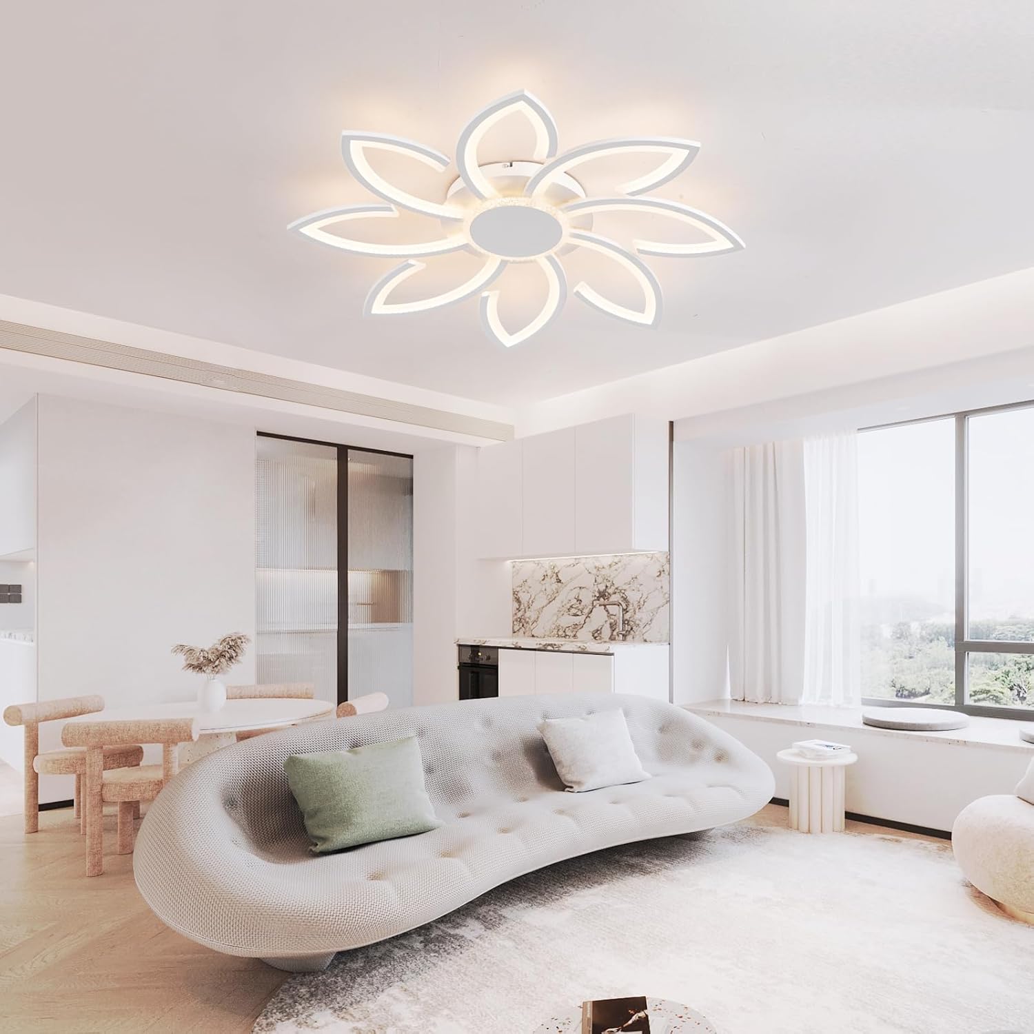 Ceiling light fixture with remote control interface in a room setting