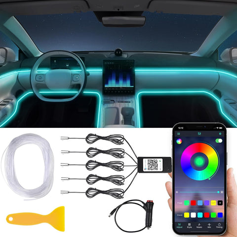 RGB Car Interior LED Strip Lights Kit with APP Control, 5-in-1 Fiber Optic Ambient Lighting, Music Sync, 16 Million Colours