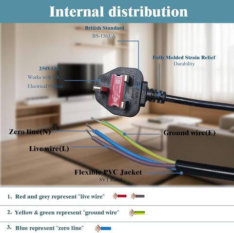 13A 3 Pin Plug Power Cable 1.5m 3 Core Fused