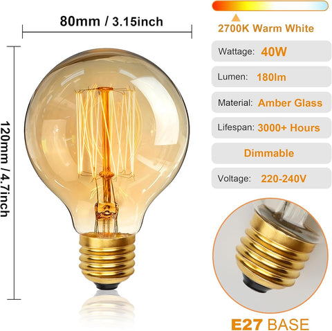 Vintage-style light bulb with dimensions, specifications, and base type on a white background