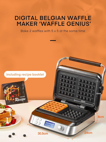 Smart Waffle Maker 1600W – Digital Display, 7 Browning Levels, 5 Presets, Non-Stick, Family Size, Timer & Alerts – Silver