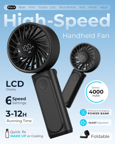 Handheld Fan, Portable Fan with 4000mAh Rechargeable Battery, LED Display Hand Fan with 6 Speeds, Mini Fan 180° Foldable for Home Office Travel Outdoor Bedroom