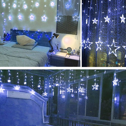 Window Star Curtain Lights, 12 Stars 138 LED Curtain String Lights, Indoor Christmas Lights with 8 Modes, USB Powered Fairy Lights for Bedroom, Wedding, Party, Wall Decoration – Blue