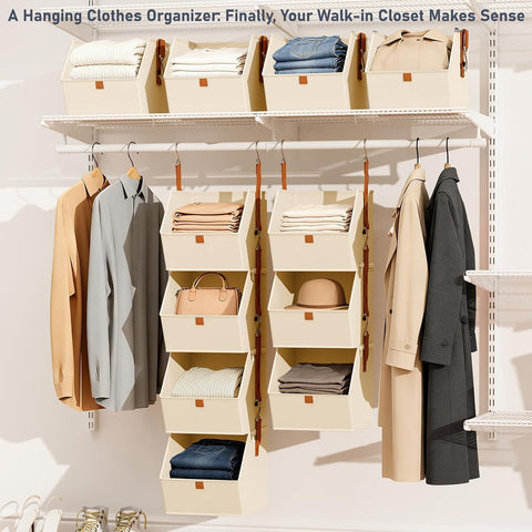 4-Tier Hanging Wardrobe Storage Organiser – Detachable Fabric Storage Bins with 8 Hooks for Clothes, Shoes & Accessories – Make Every Inch of Your Wardrobe Work Harder