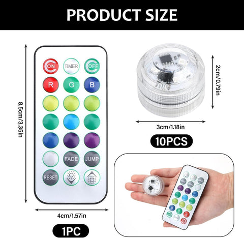 10 Pack Mini Submersible LED Lights with Remote – Waterproof Battery Powered Colour Changing Underwater Lights for Vases, Ponds, Fountains & Events