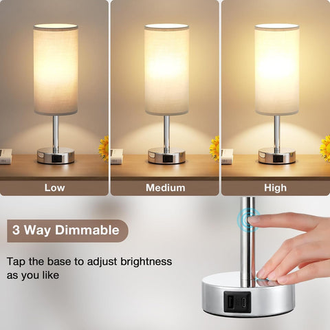 Aooshine Touch Bedside Lamp with 2 USB Charging Ports – Grey Table Lamp with 3 Brightness Levels, E27 LED Bulb & Touch Control for Bedroom, Study & Living Room