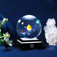 Close-Up of 3D Solar System in Crystal Ball Displayed on a Table
