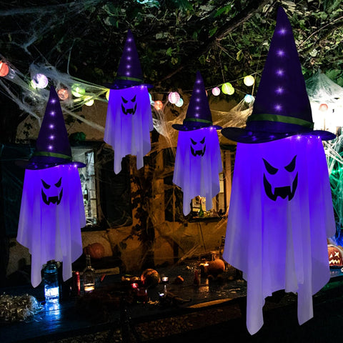 Jsdoin Halloween Hanging Ghost Lights – Battery Powered LED Grim Reaper Skull & Wizard Hat Decorations, Waterproof Spooky Garden Lights for Trees, Doors, Yards & Halloween Parties