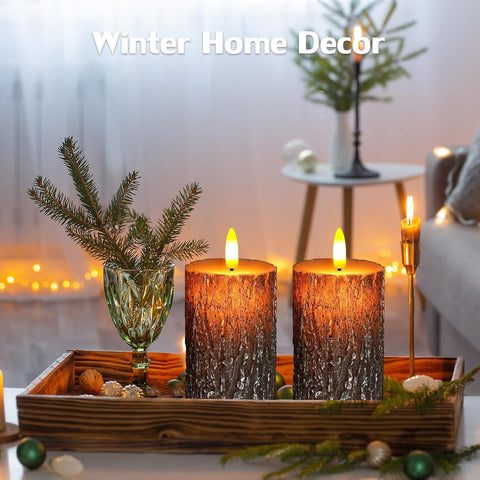 Bark Flameless Pillar Candles Set of 2, 6×3 Inch Real Wax LED Candles with Remote, Timer & Dimmable Flickering Light