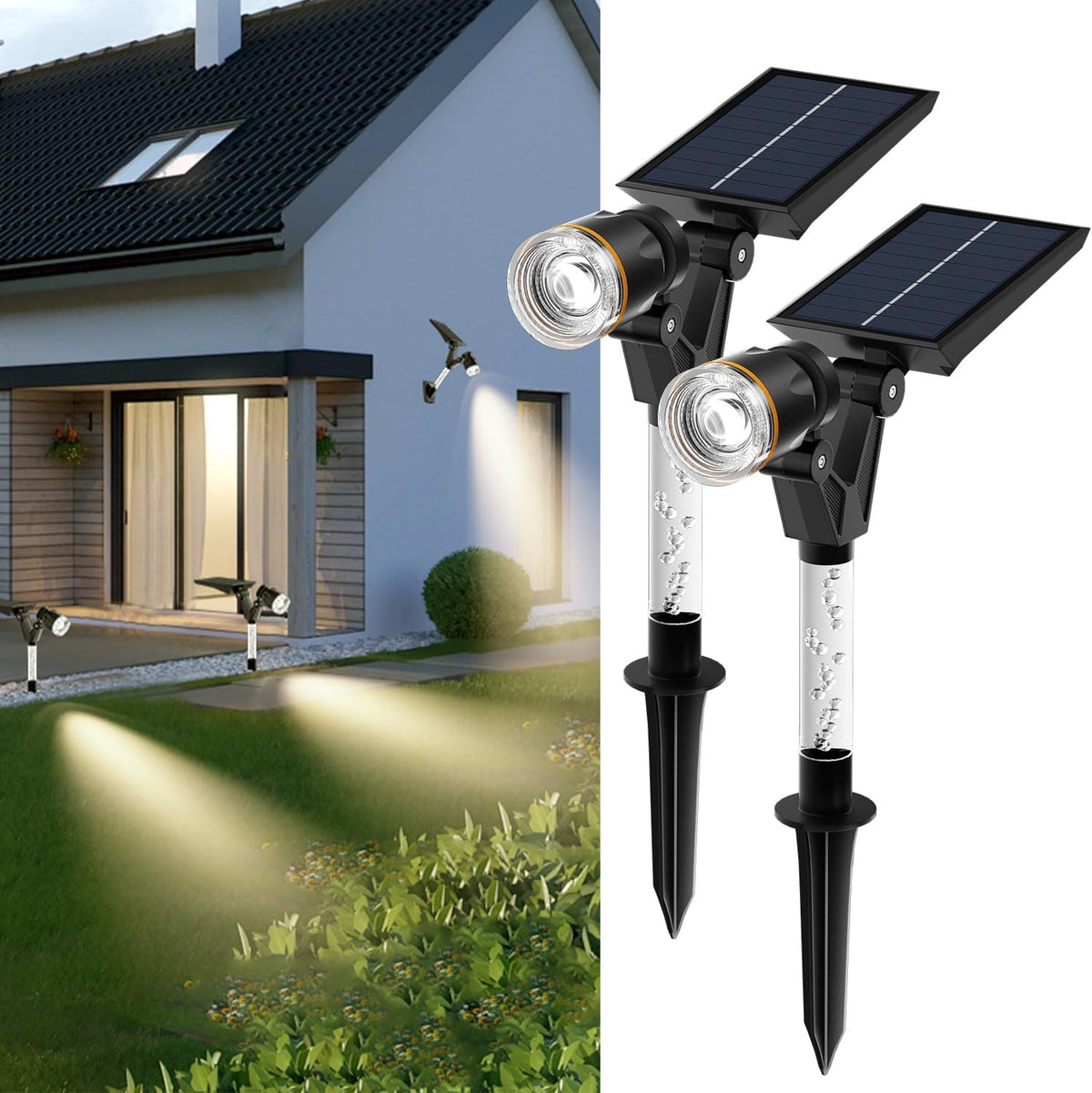 HAMLITE Solar Spotlights Outdoor Garden, Garden Spot Lights 6000K, Solar Lights Outdoor Waterproof, Dimmable Wall Lights for Outside, Spot Landscape Lighting for Pathway, Driveway, Patio - 2 Packs