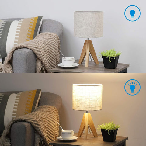 EDISHINE 36cm Wooden Bedside Table Lamp with Beige Linen Lampshade – Tripod Desk Lamp with E27 Base, On-Off Switch & 4W LED Bulb for Bedroom, Living Room, Study & Office