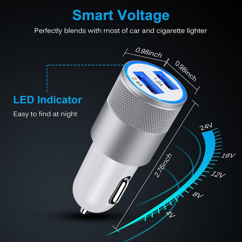 Car Charger Adapter 3.4A Dual Port Fast USB for iPhone, Samsung, iPad, and Google Pixel Devices