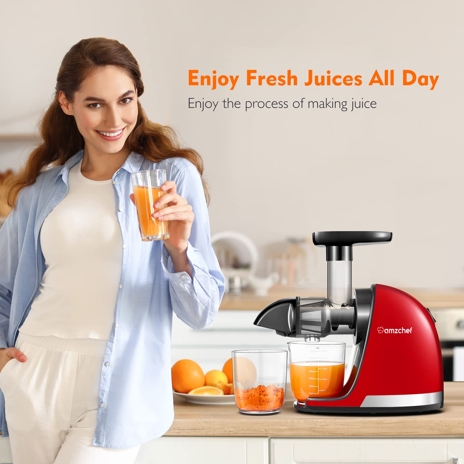 AMZCHEF Juicer Machines - Cold Press Slow Juicer - Masticating Juicer for Whole Fruits and Vegetables - Delicate Chew No Need to Filter - BPA Free Juice Extractor with 2 Cups and Brush - Black