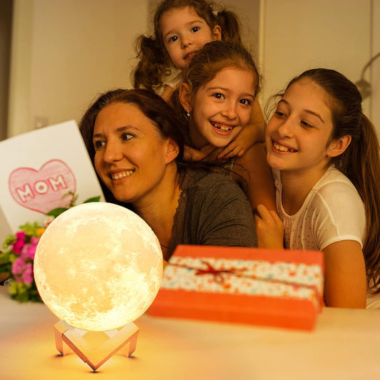 3D Moon Lamp with Ceramic Base, LED Night Light, Mood Lighting with Touch Control Brightness for Home Décor, Bedroom, Gifts for Father Kids Women Birthday - White & Yellow