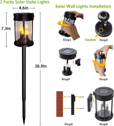 Outdoor Garden Solar Stake Lights Flickering Candle Lighting for Yard, Lawn, Patio, Pathway, Wall Decoration (2Pack, Black)