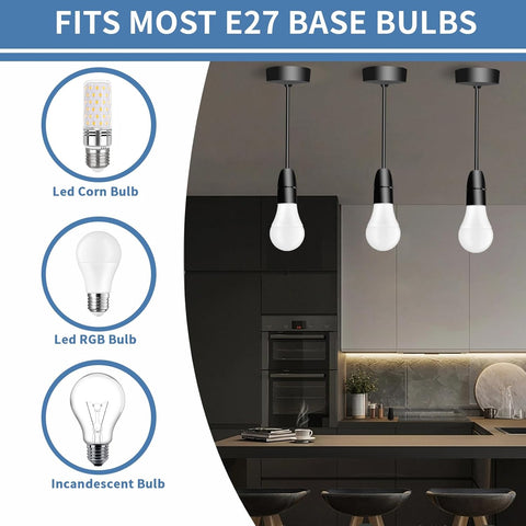 Black E27 Ceiling Pendant Light Fitting – 150mm Lamp Holder with Rose Canopy for Kitchen, Bedroom, Hallway & Dining Room Lighting
