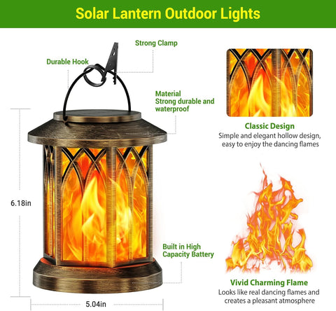 Solar Garden Lanterns Outdoor 2 Pack – Hanging Flickering Flame LED Lights, Waterproof Decorative Pathway Lighting Ornaments