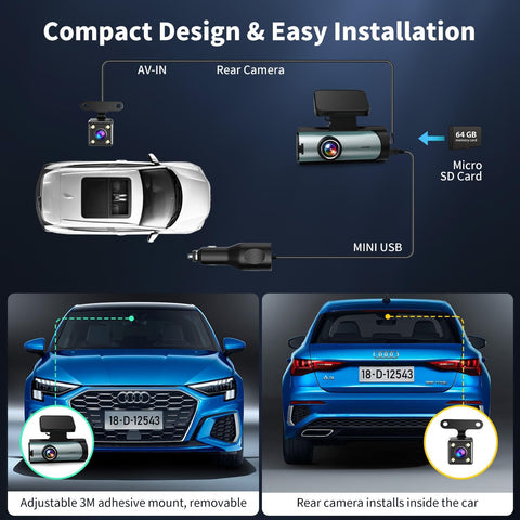 Dual Dash Cam Front and Rear with Night Vision and Wi-Fi