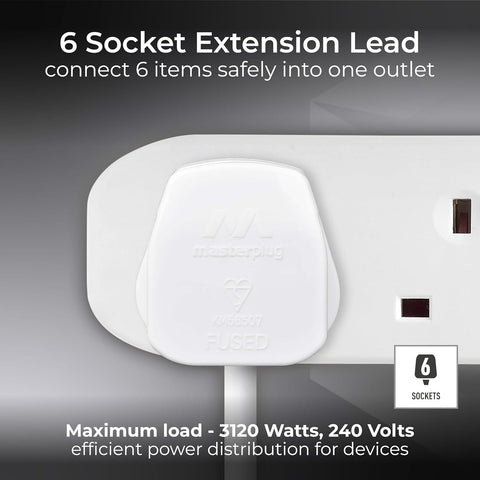 Masterplug Six Socket Extension Lead, 3 Metre Cable, Unswitched, 6-Way Plug Extension Cable, Power Strip, Basic Power, White, 13A, 6G, 3m, BSG3N