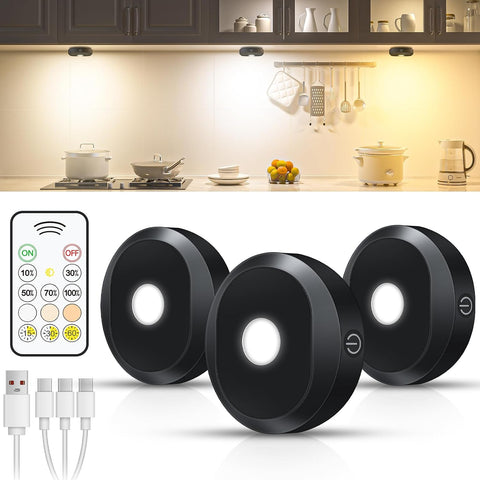 WILLED Rechargeable Under Cabinet Lights 3 Pack with Remote & Touch Control – Dimmable Wireless LED Puck Lights with 3 Colour Temperatures & Timer for Kitchen, Cupboards & Shelves - Light Up the Dark Spots Without the Wiring